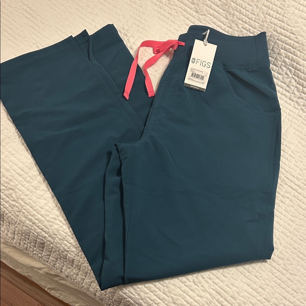 Figs Teal Scrub Pants with Coral Drawstring